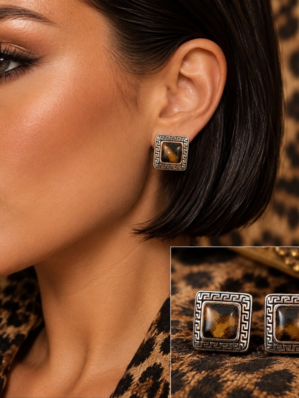 Vintage Greek Key Cheetah Print Earrings – Circa 1980s